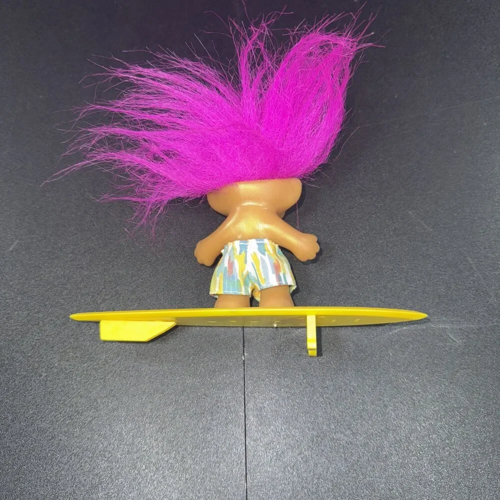 Russ Troll Doll Surfer With Pink Hair Shorts And Yellow Surf Board 3 inch